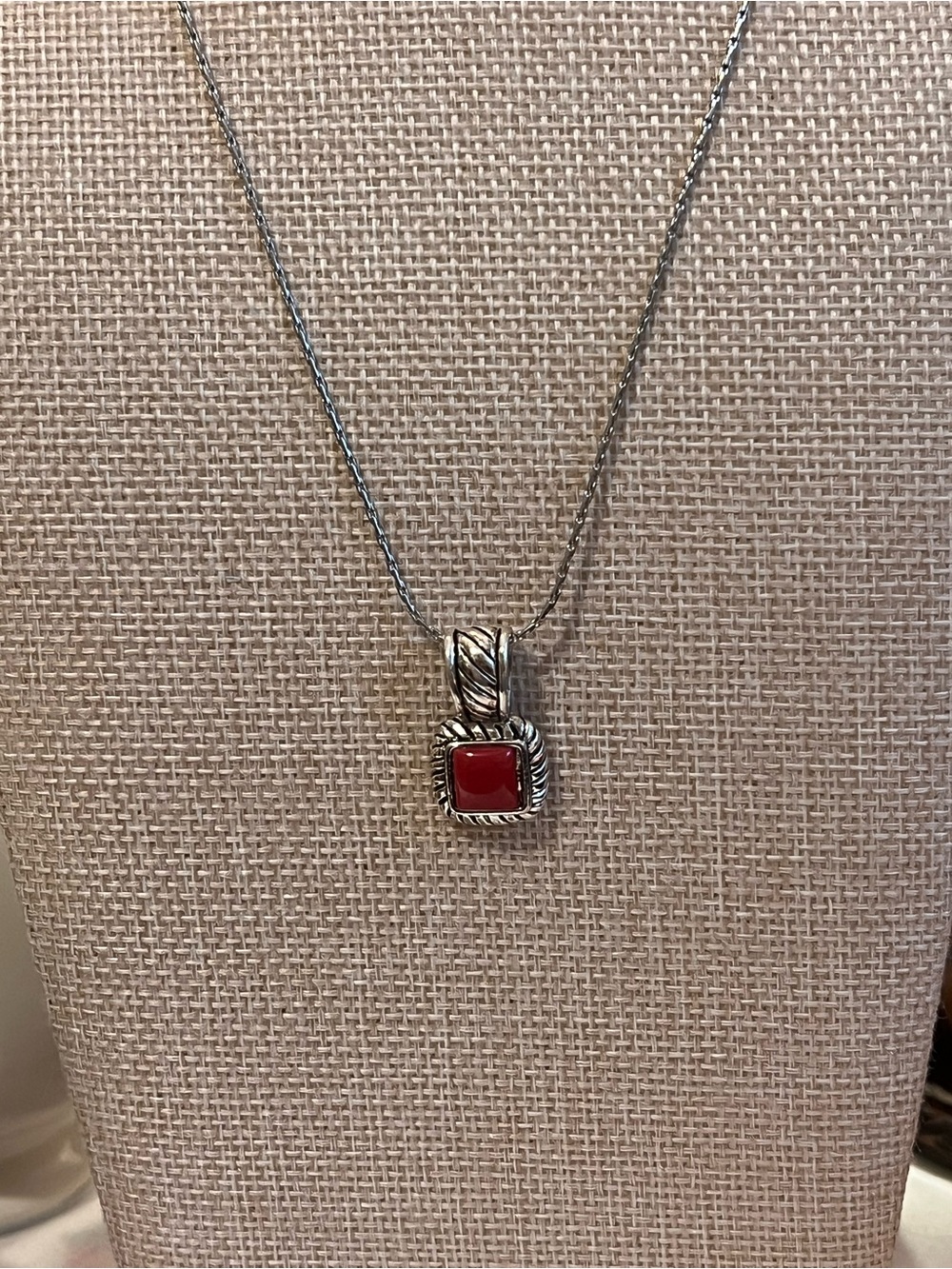 Petite Silver Necklace with Red Square Gemstone Pendant